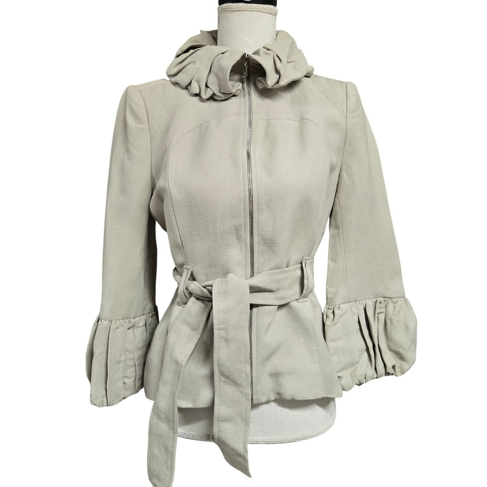Zara Woman Beige Flax Linen Blend Ruffle Collar Belted Jacket Zip Front Size S